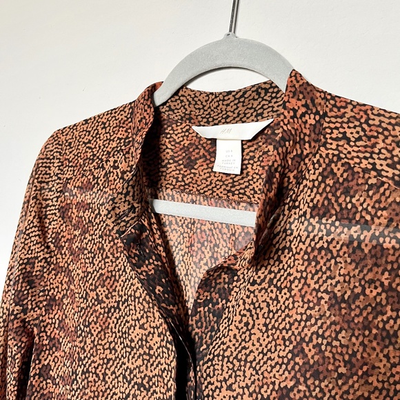 H&M Cuffed Sleeve Button-front Printed Brown Chiffon Midi Dress Sheer Size 6 - Picture 4 of 14
